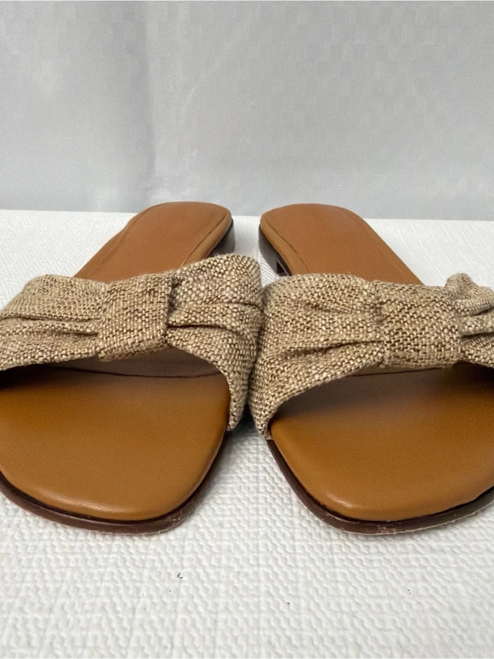 J. McLaughlin Karina Linen Sandals Natural Bow Flats Women’s Size 6.5 Brown - Picture 2 of 9
